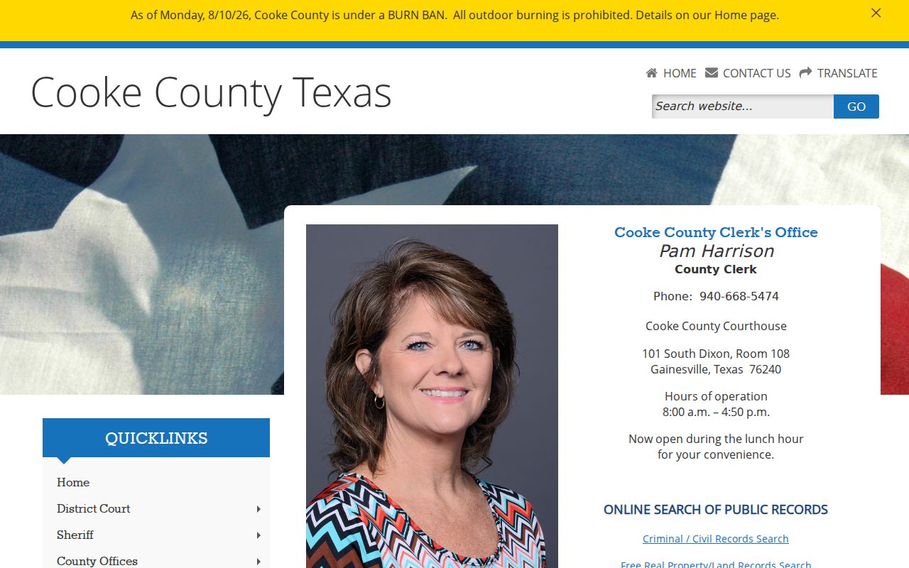 Cooke County active warrant search, County Clerk public records page