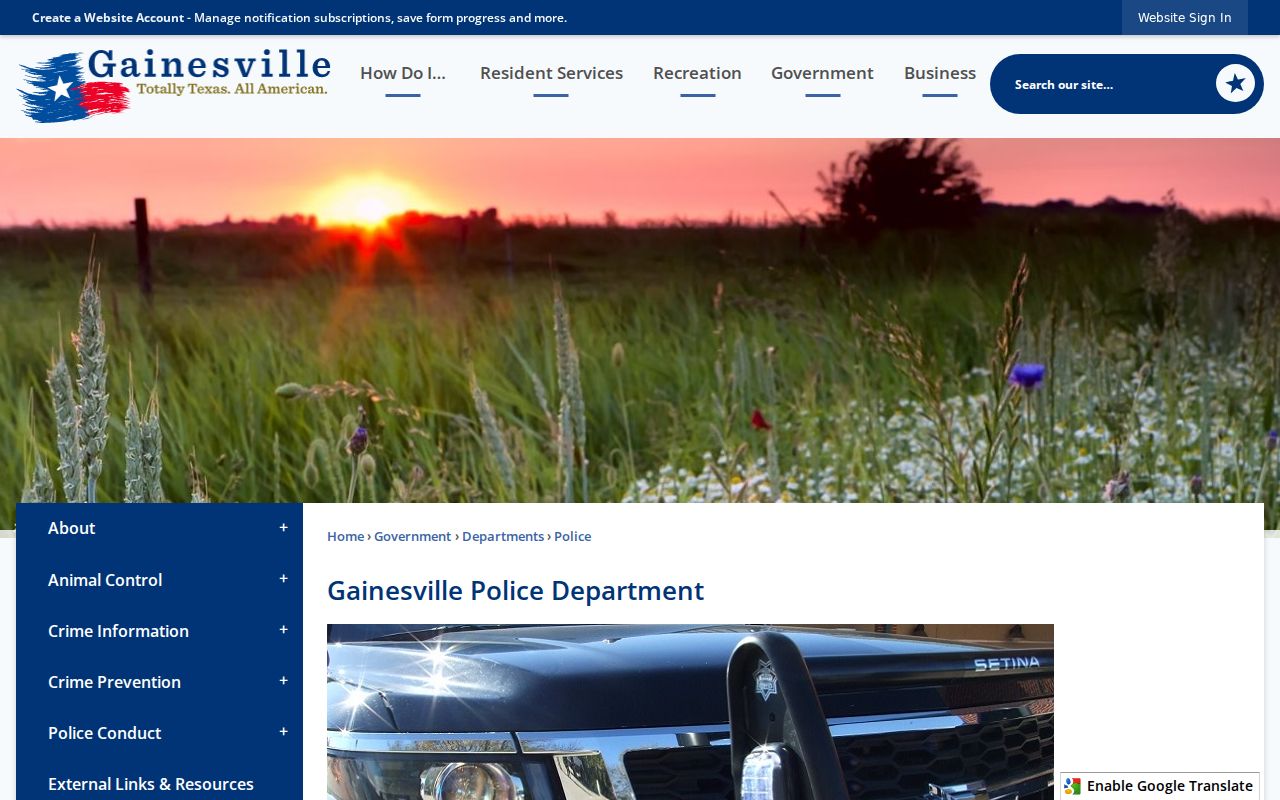 Cooke County Gainesville warrant records, official police department contact page
